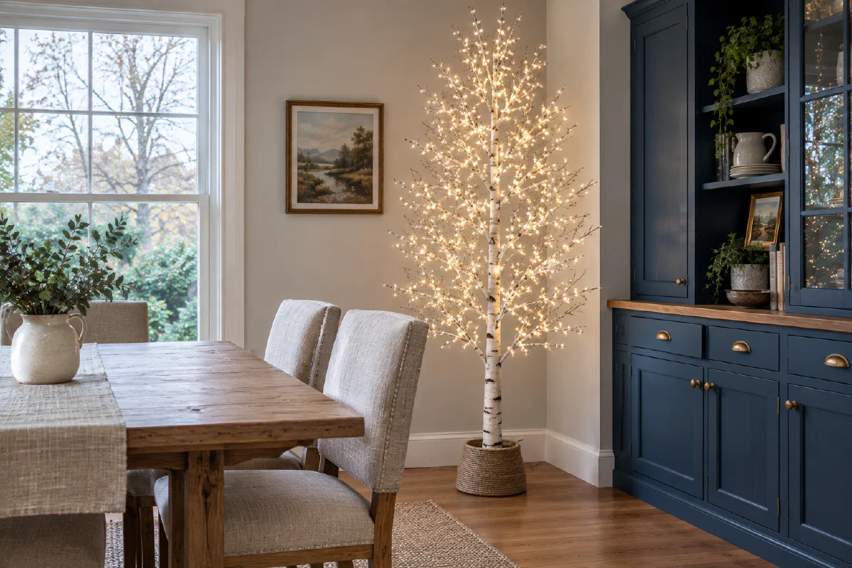 A densely lit six-foot birch-style Christmas tree beside a dining table and blue cabinet