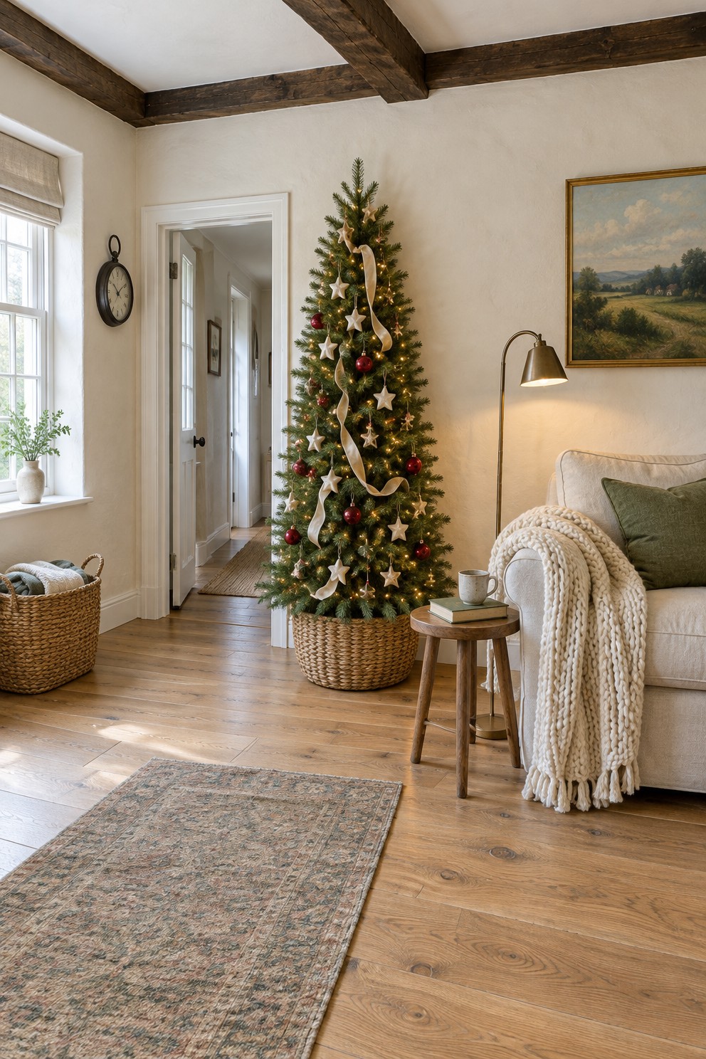 Half Christmas tree standing flat against a cream wall between a sofa and a doorway in a small living room, with clear floor in front