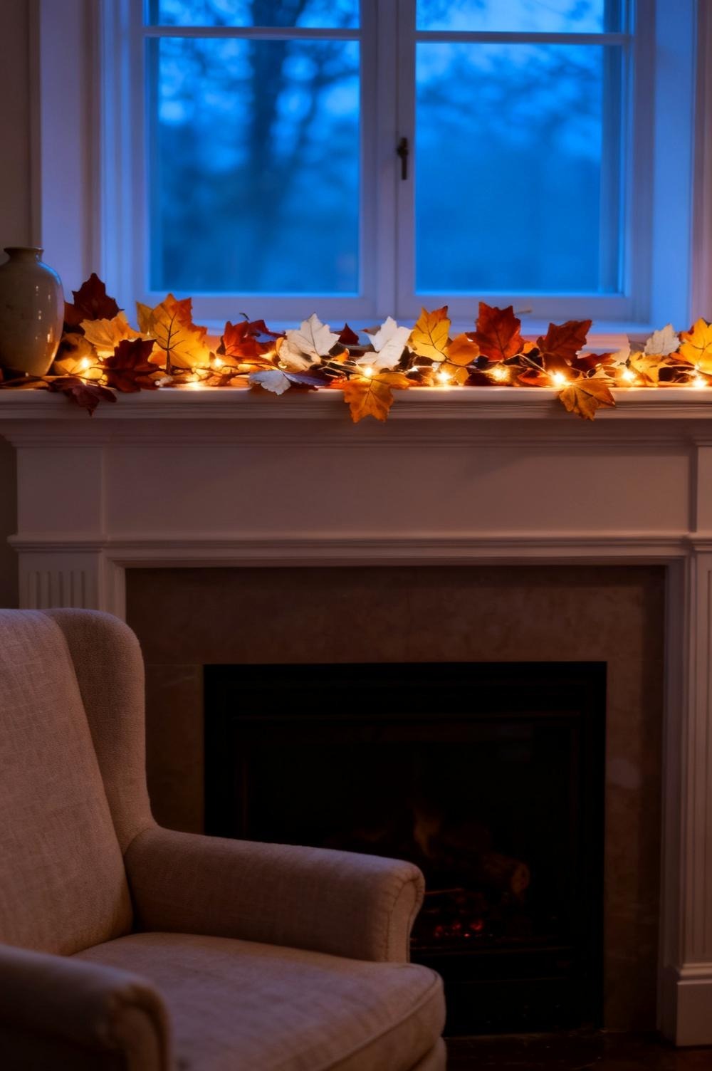 Warm lighted autumn leaf garland resting along a fireplace mantel below a window