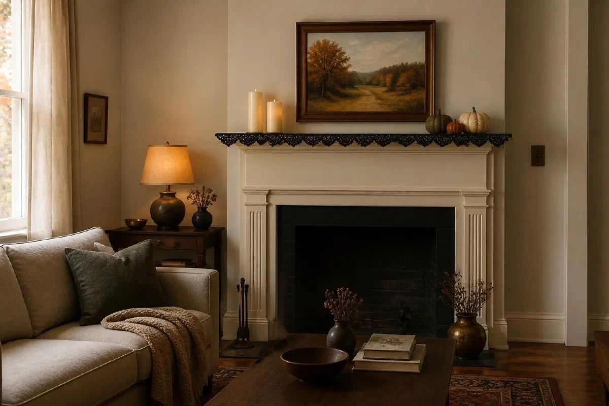 Cream fireplace mantel with black lace, ivory pillar candles, small pumpkins, and a framed landscape above