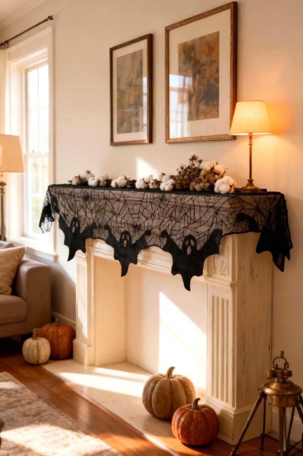 Black lace draped across a cream fireplace mantel with neutral pumpkins and warm wood accents