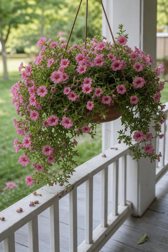 Hanging basket of pink calibrachoa cascading over the edge of a clay pot on a porch railing