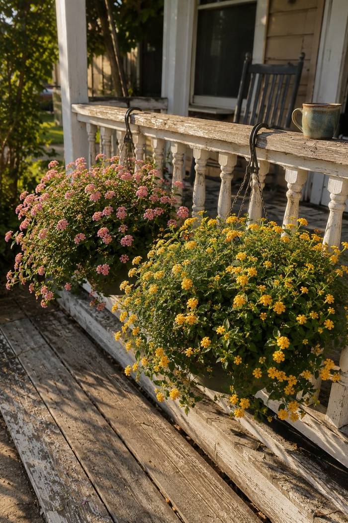Two hanging baskets of trailing lantana in pink and yellow on the railing of a sunny porch in late afternoon