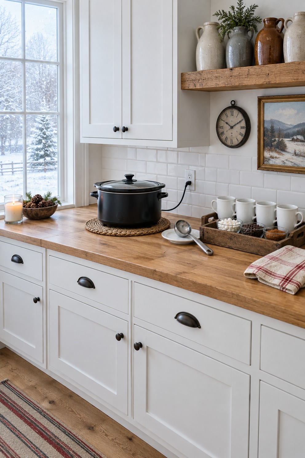 Hot chocolate bar on a kitchen counter: a black slow cooker on a woven trivet with a ladle on a small plate, and a wood tray of four white mugs and small bowls of marshmallows, chocolate chips and cinnamon