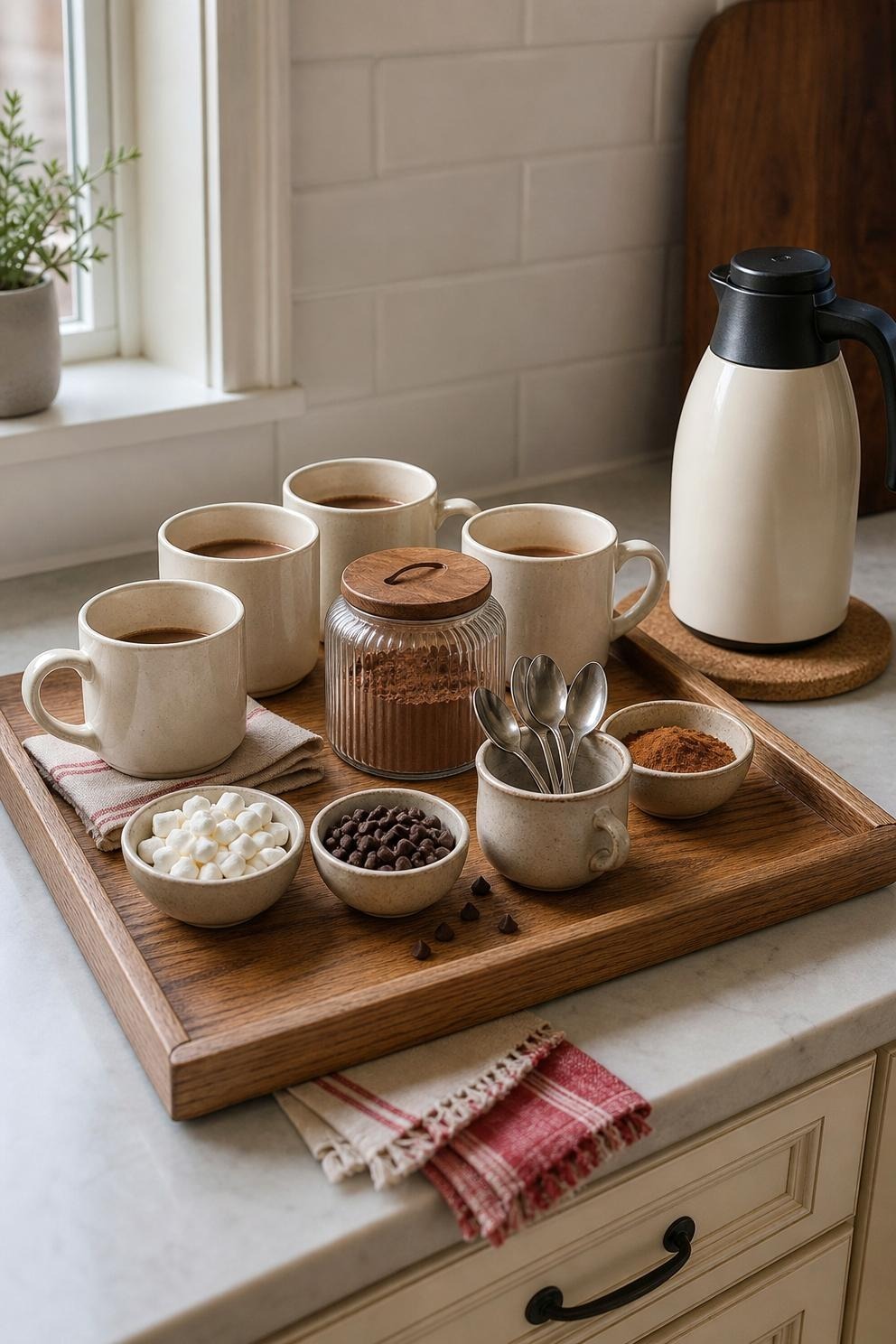 Four mugs and three simple cocoa toppings arranged on one compact kitchen tray