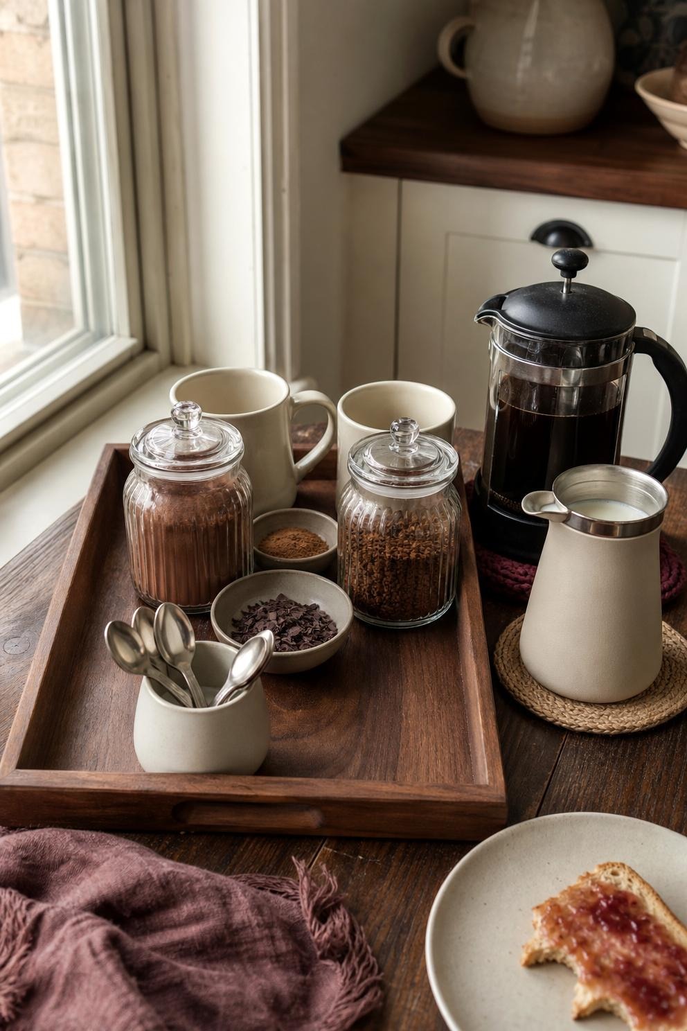 A coffee and cocoa serving tray with two mugs, cocoa, coffee, cinnamon and chocolate shavings