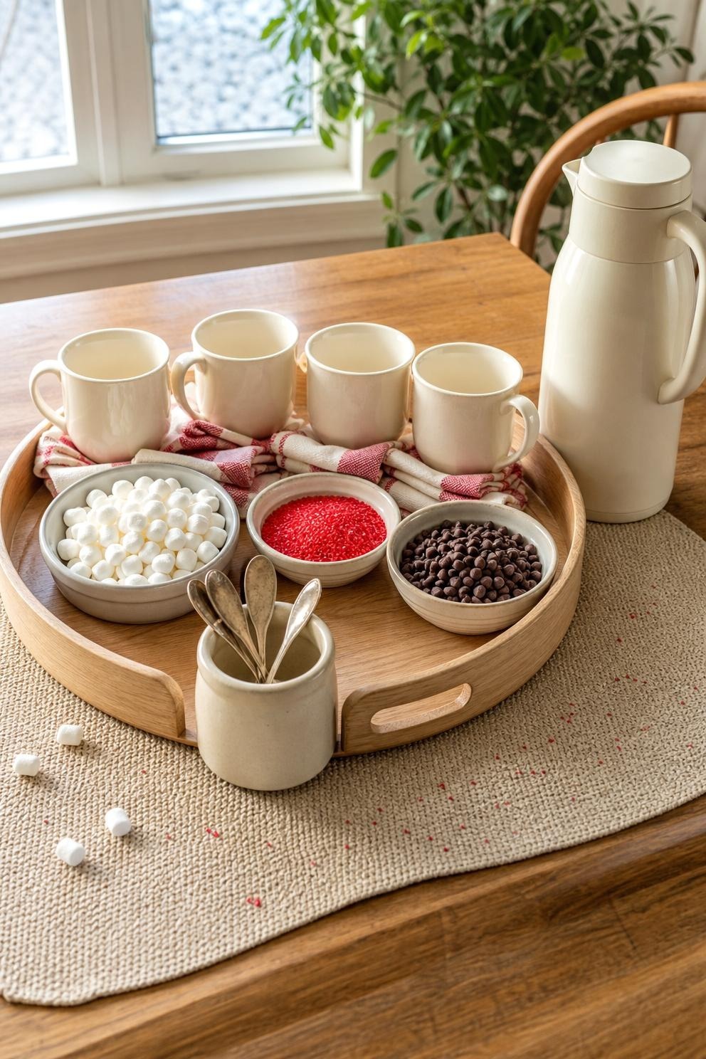 A kids hot cocoa tray with mugs, marshmallows, sprinkles and napkins