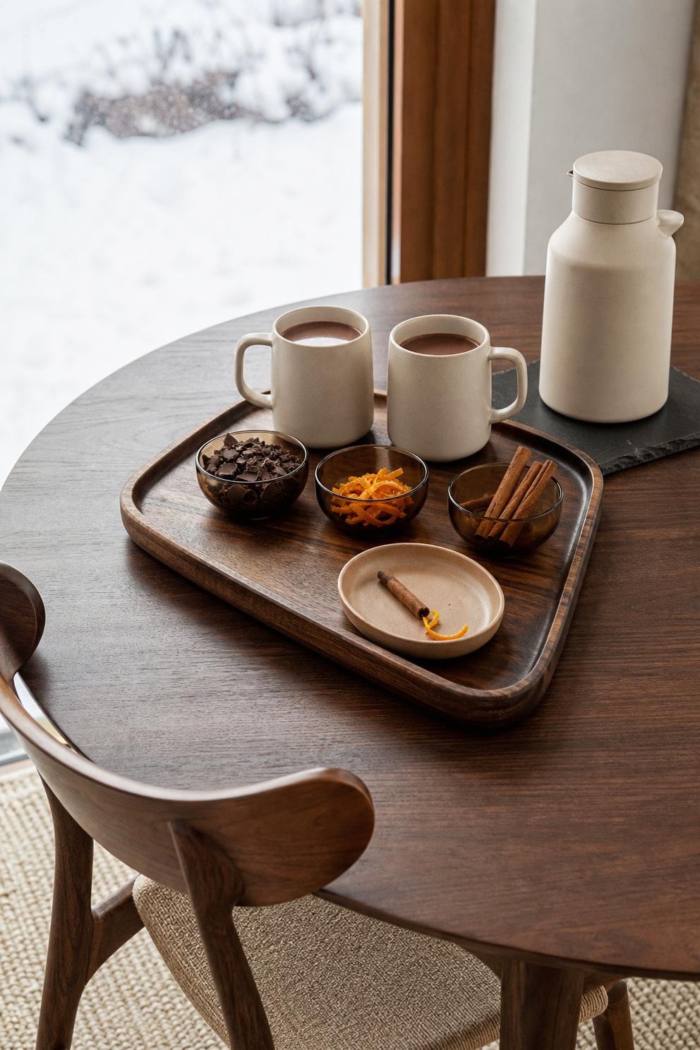 A small dark chocolate cocoa tray with two mugs, cocoa, orange peel, cinnamon and chocolate curls