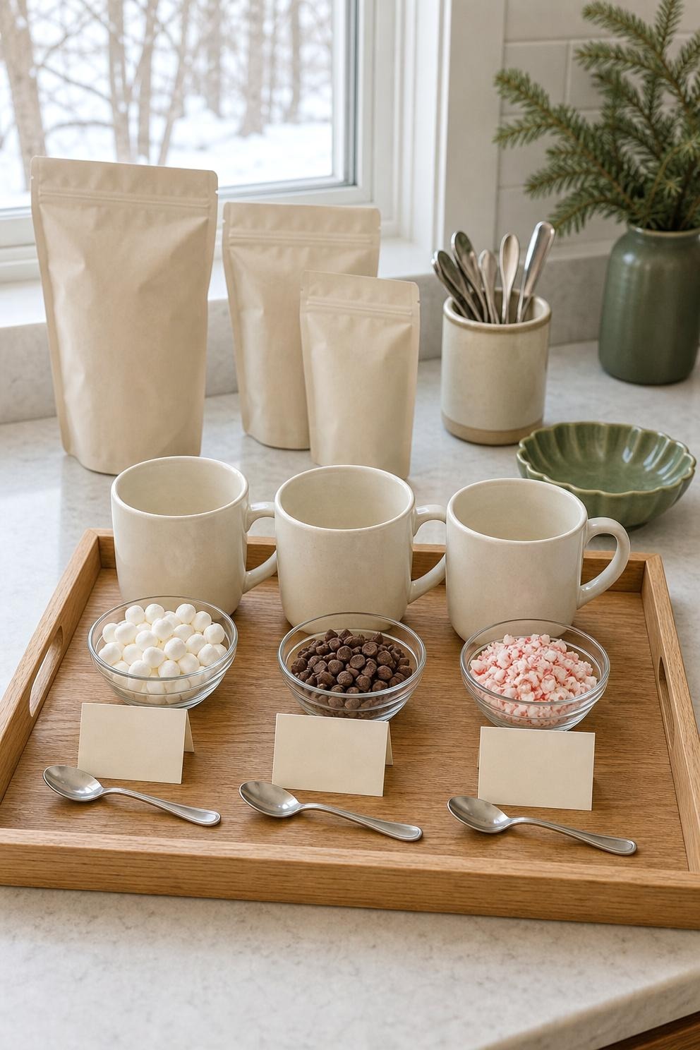 A compact cocoa tray with clear ingredient labels and a separate spoon for each topping