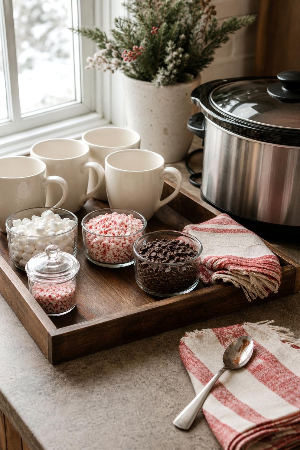 A peppermint hot cocoa tray with mugs, marshmallows, crushed peppermint and chocolate curls