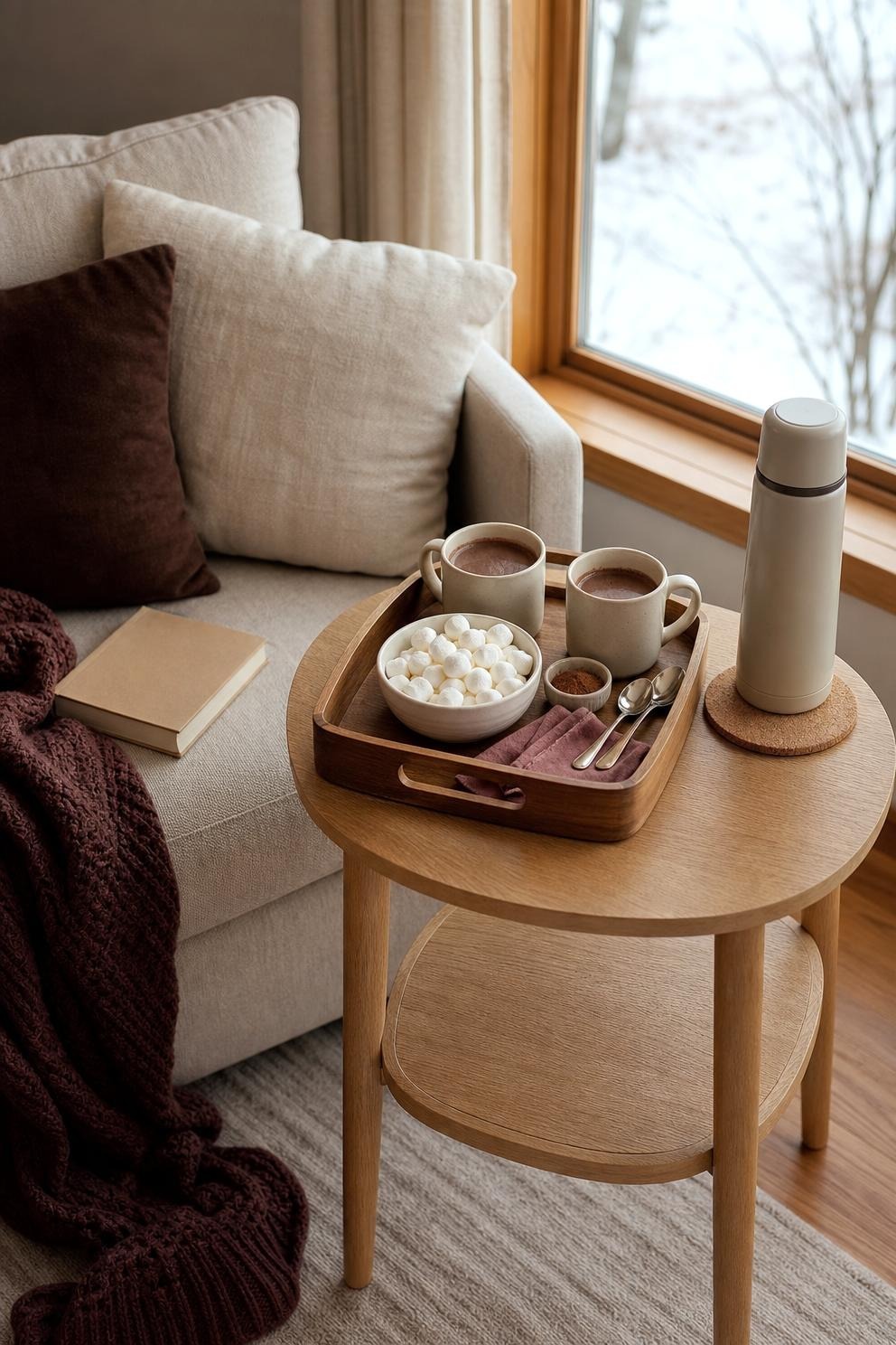 A two-person hot cocoa tray with mugs, marshmallows, cinnamon and a small thermos beside a sofa
