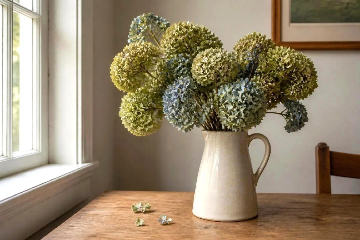 Papery hydrangea flower heads in a vase beside a window