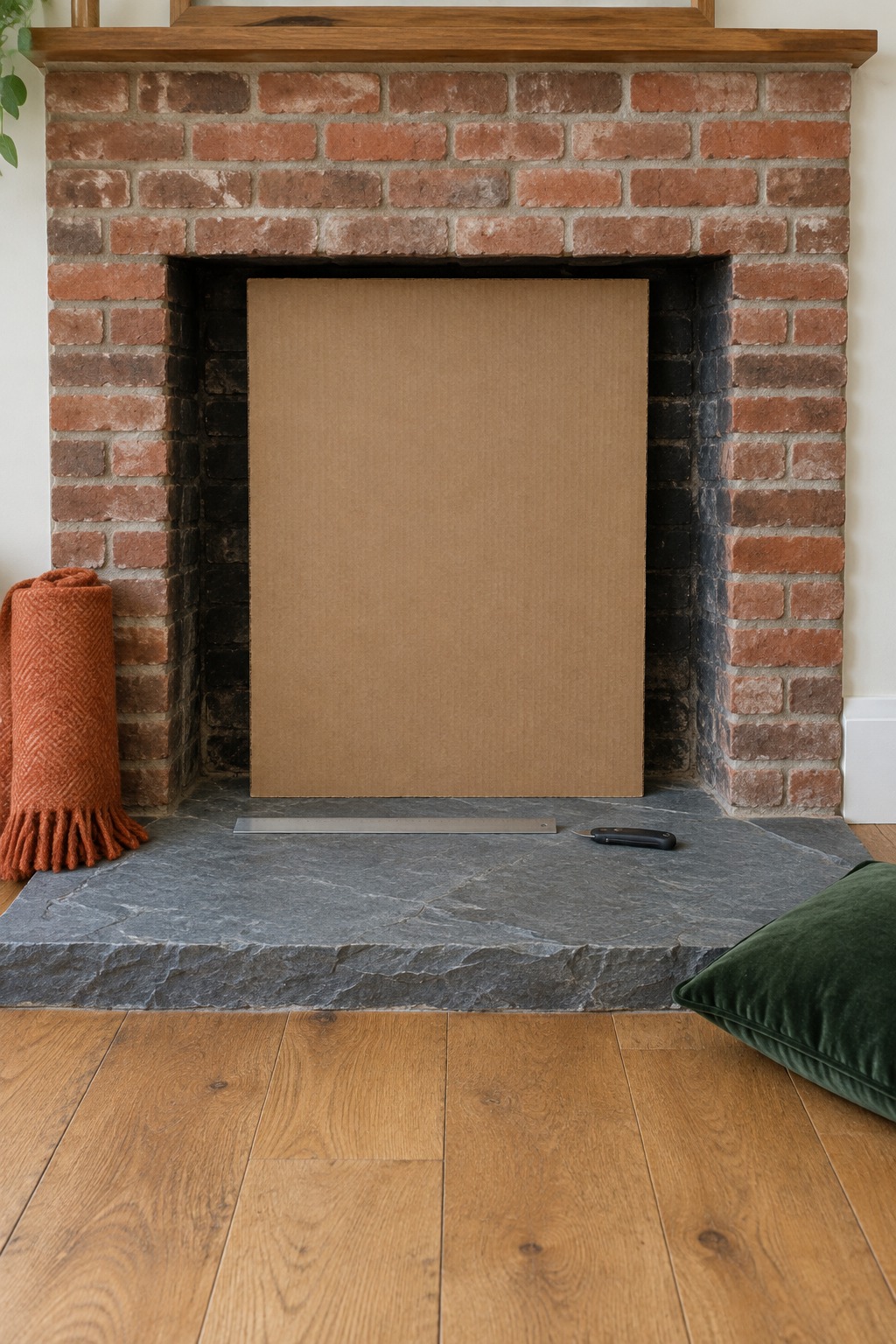 Cardboard rectangle propped in a brick fireplace opening with a ruler and utility knife on the hearth
