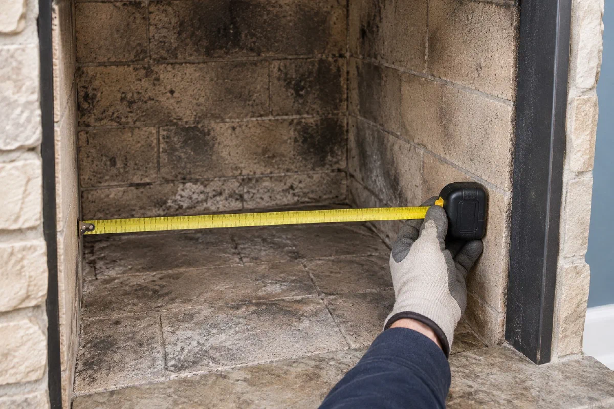 Gloved hand holding a tape housing against the right inner wall of a masonry fireplace opening, with the blade across the width