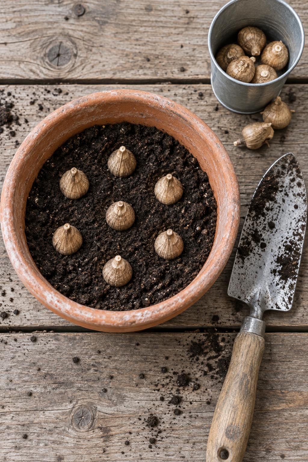 Small freesia corms set pointed end up in dark soil in a terracotta pot with a trowel