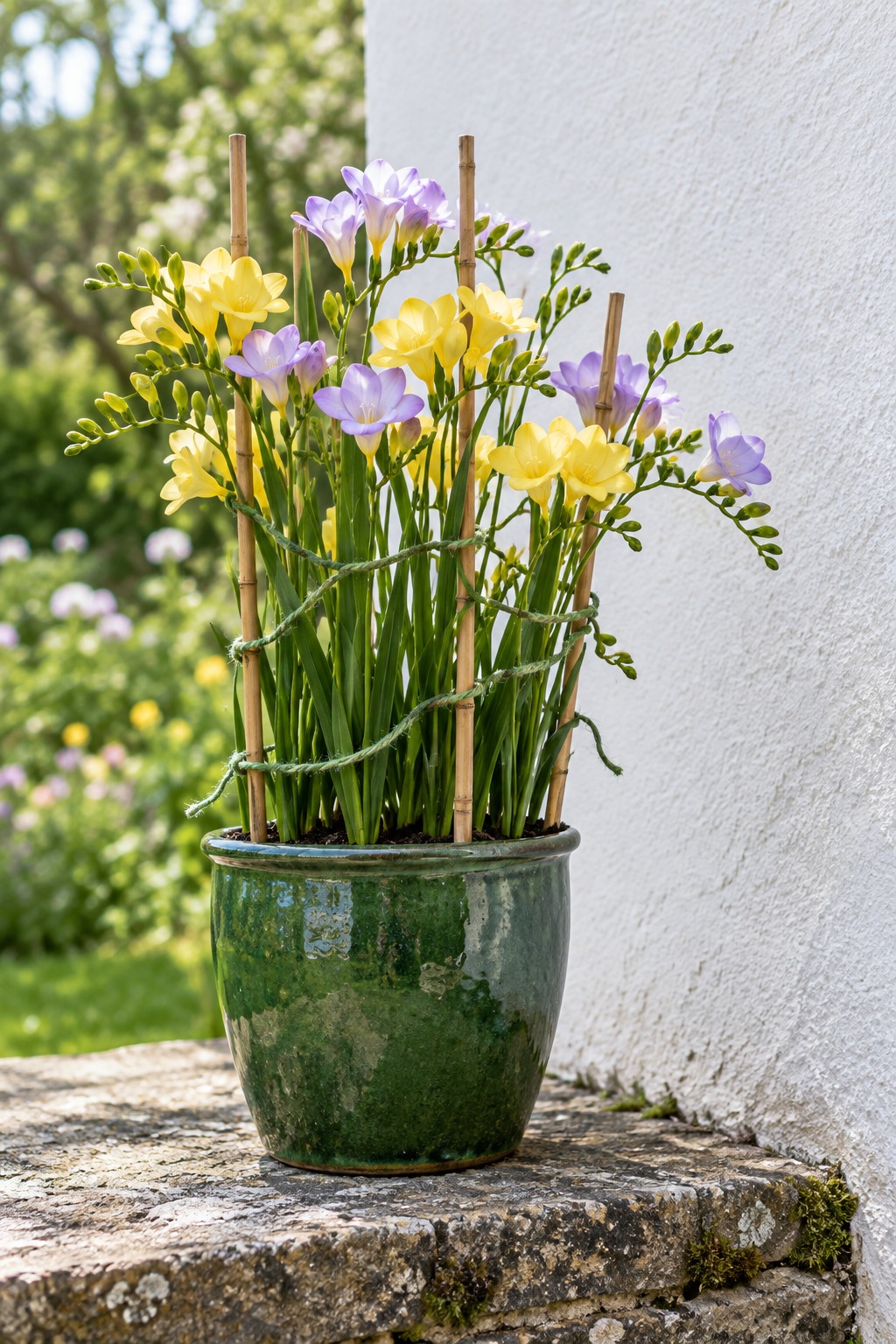 Yellow and lavender freesias held upright by slender stakes and green twine in a glazed pot