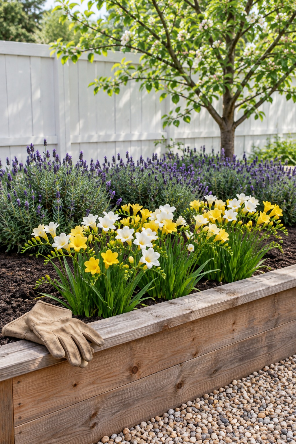 Freesias in a sunny raised cedar bed with loose gravelly soil and lavender behind