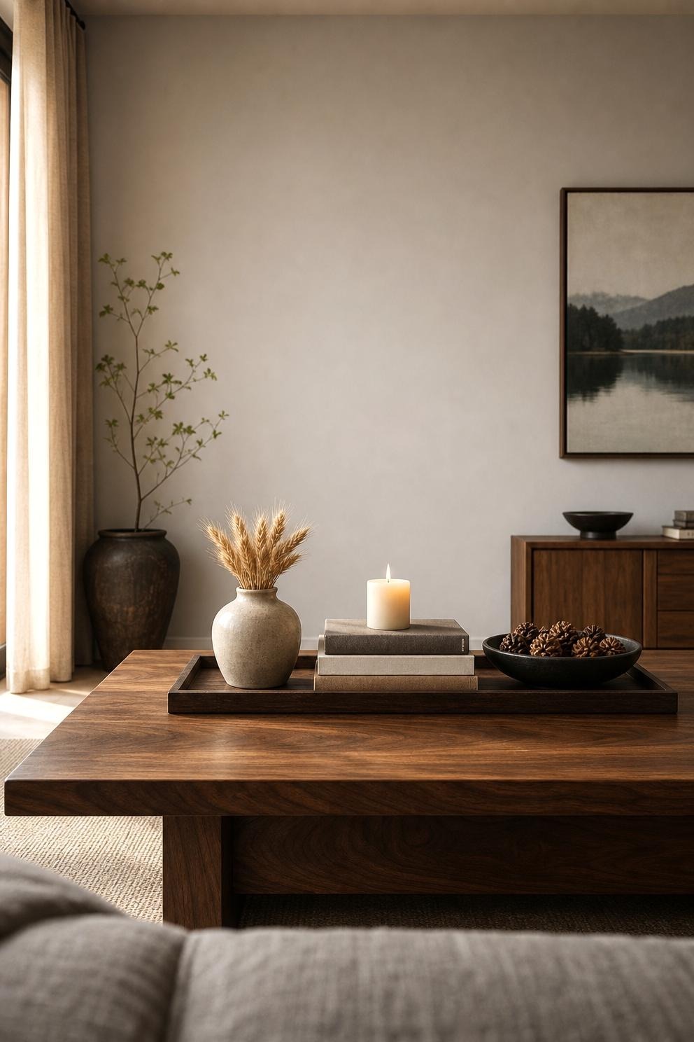 Dark wood tray on a walnut coffee table with wheat in a stone vase, a stack of books with a lit pillar candle on top and a bowl of pinecones