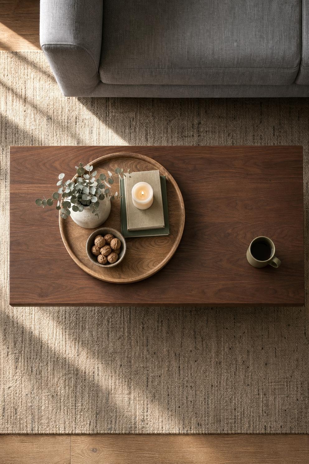Overhead view of a round wooden tray with a pillar candle, books and a small vase on a rectangular coffee table