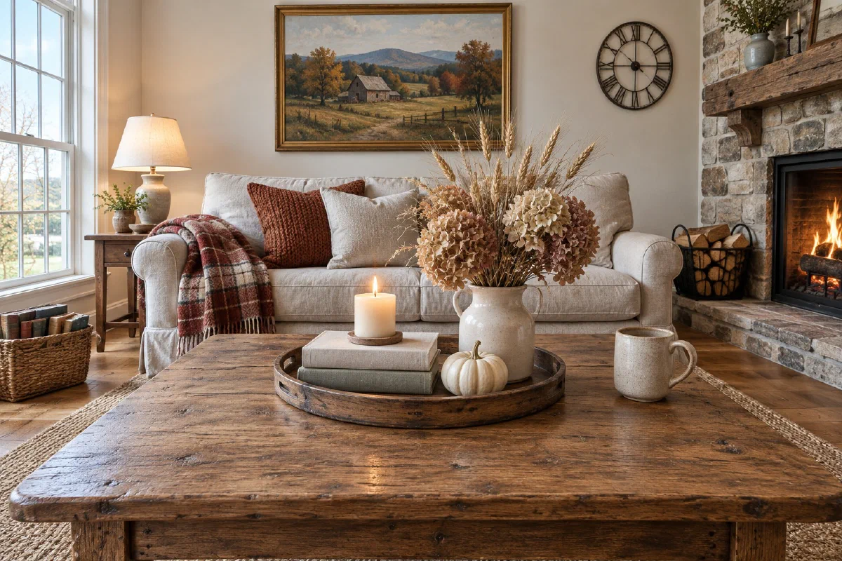 Fall coffee table decor on a round wood tray: a pillar candle on two books, dried hydrangea and wheat in a cream vase, a small white pumpkin