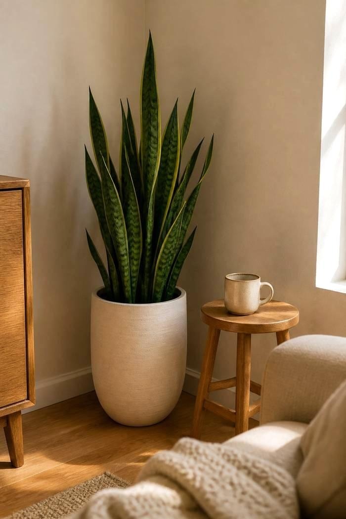 Tall snake plant in a cream pot beside a wooden stool and a mug in a living room corner