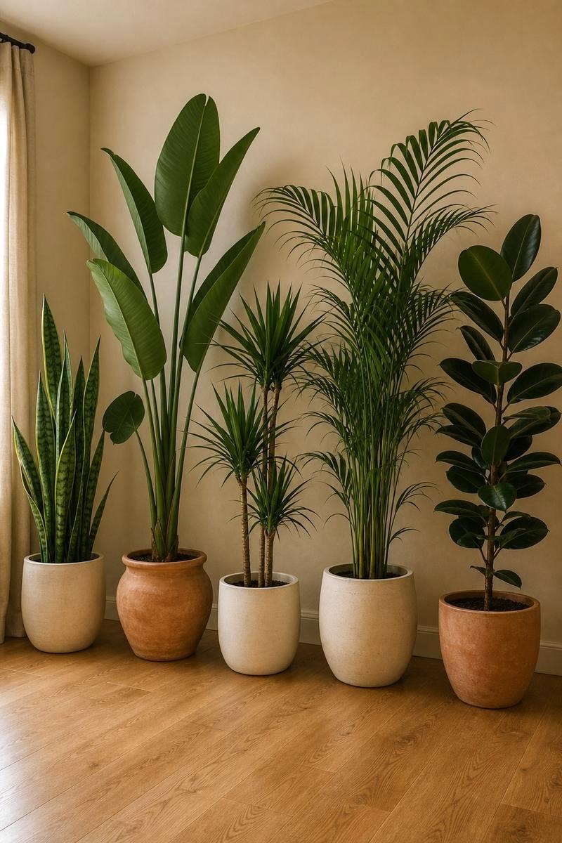 Snake plant, bird of paradise, palm and rubber tree in pots beside a living room window
