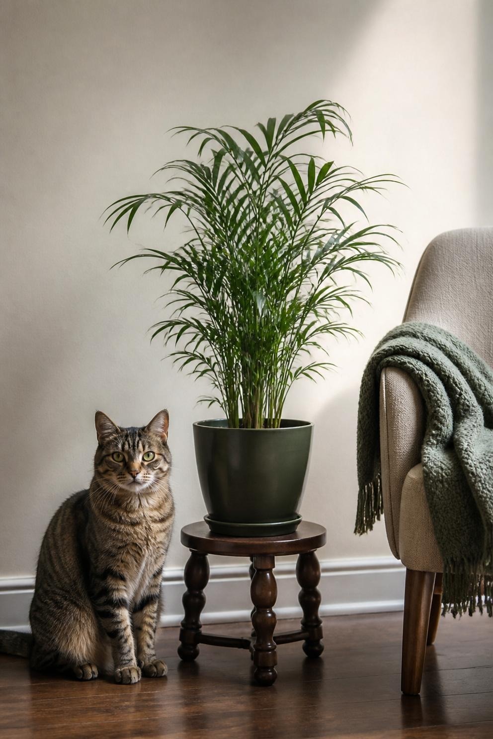 Potted palm on a wooden stand beside a cat in a living room