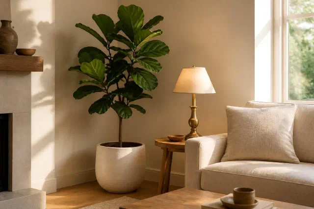 Fiddle leaf fig in a cream pot in a living room corner beside a brass table lamp and a linen sofa
