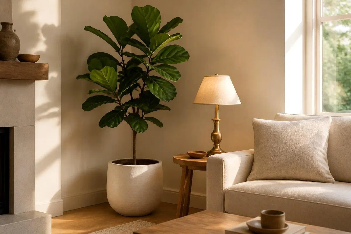 Tall indoor plant beside a chair and living-room window