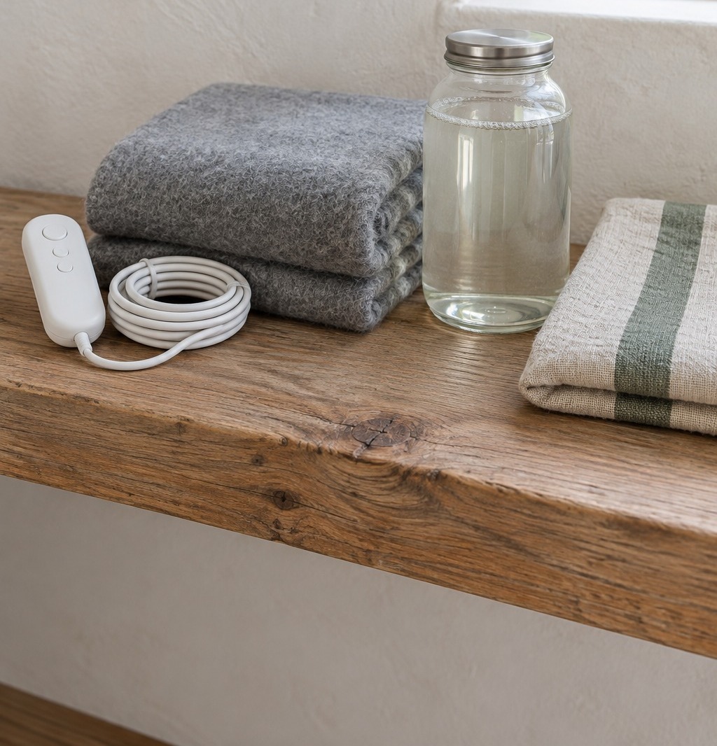 White heated blanket controller with its cord coiled beside a folded grey throw, a glass jar of liquid detergent and a striped linen towel on a wood shelf