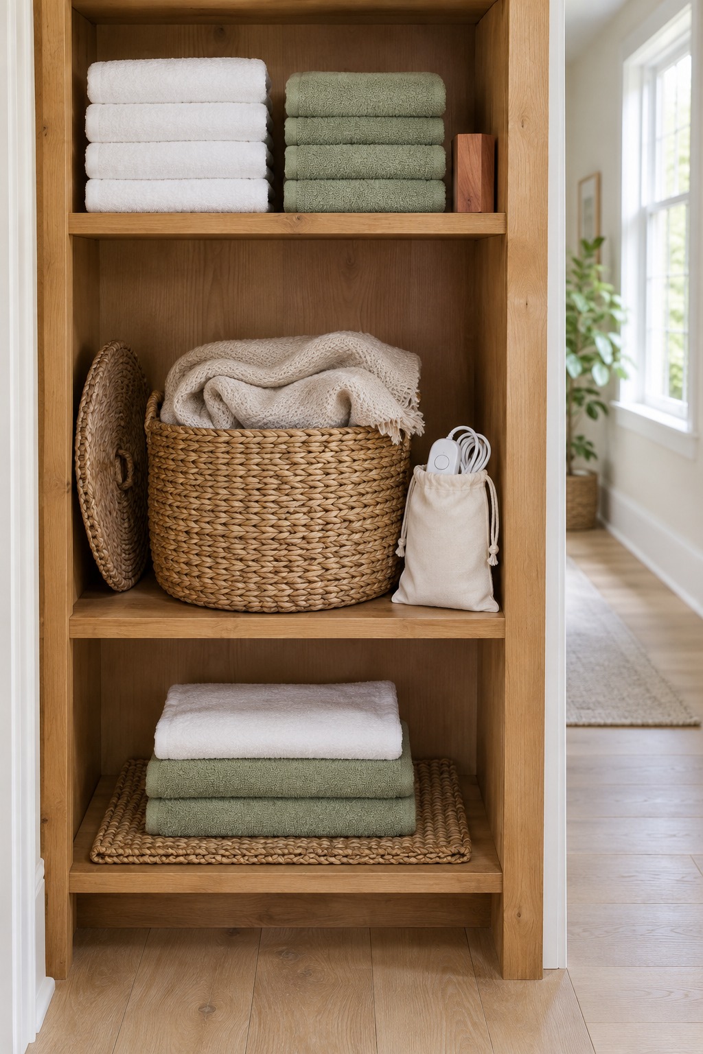 Clean oatmeal throw folded into a woven basket on a linen closet shelf, its controller and cord stored in a cotton drawstring pouch beside it