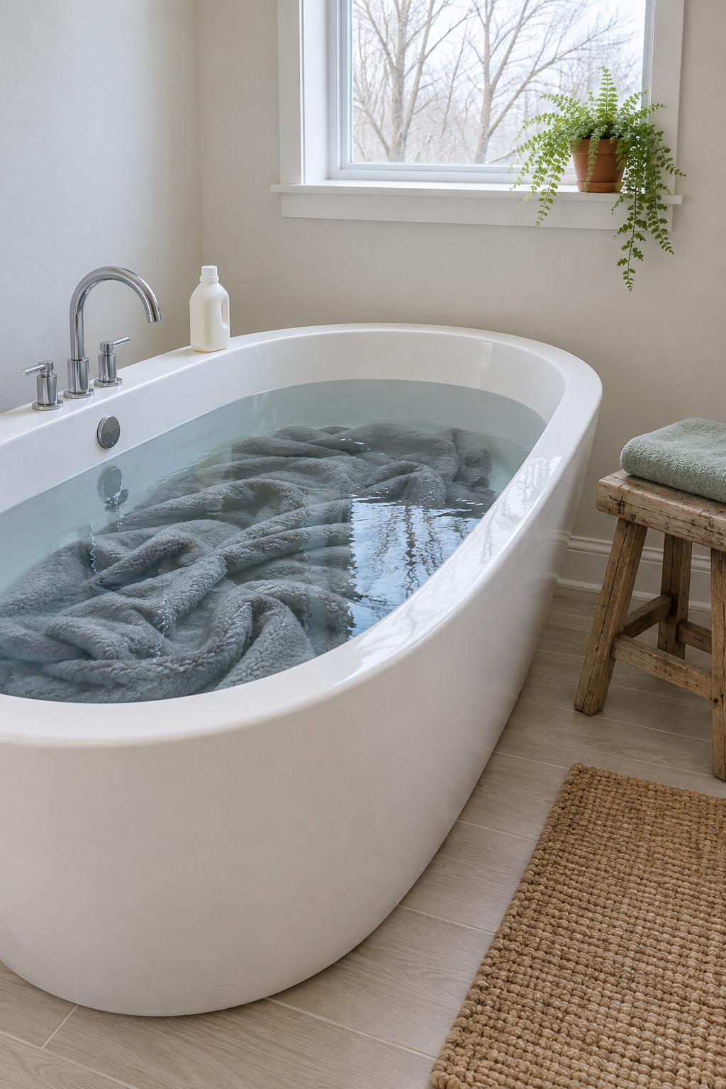 Grey fleece throw fully under cold water in a white bathtub, with a bottle of mild detergent on the tub edge and a folded towel on a wood stool
