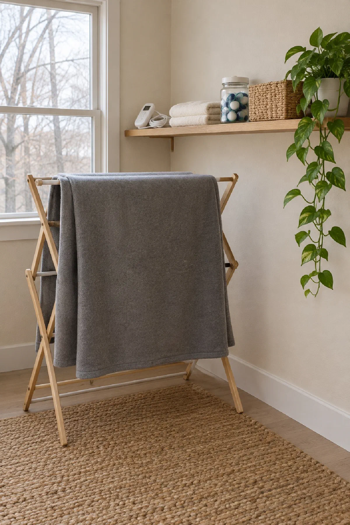 Grey heated throw draped over a wooden drying rack beside a window, its white controller and cord coiled on a shelf nearby