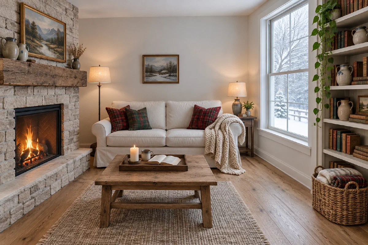 Small living room in winter with a fire lit, a cream sofa with plaid pillows and a knit throw, two lamps on, and a wood coffee table with a tray holding a candle, a mug and an open book