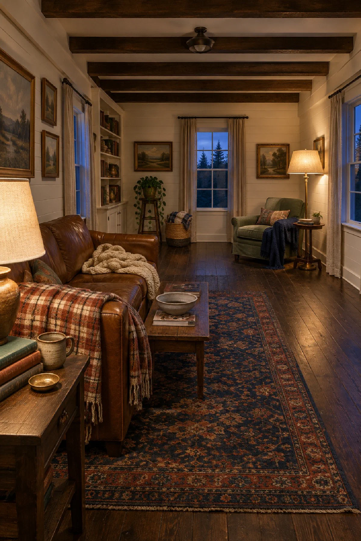 Long living room at dusk with a lamp beside the brown sofa and another beside an armchair at the far end