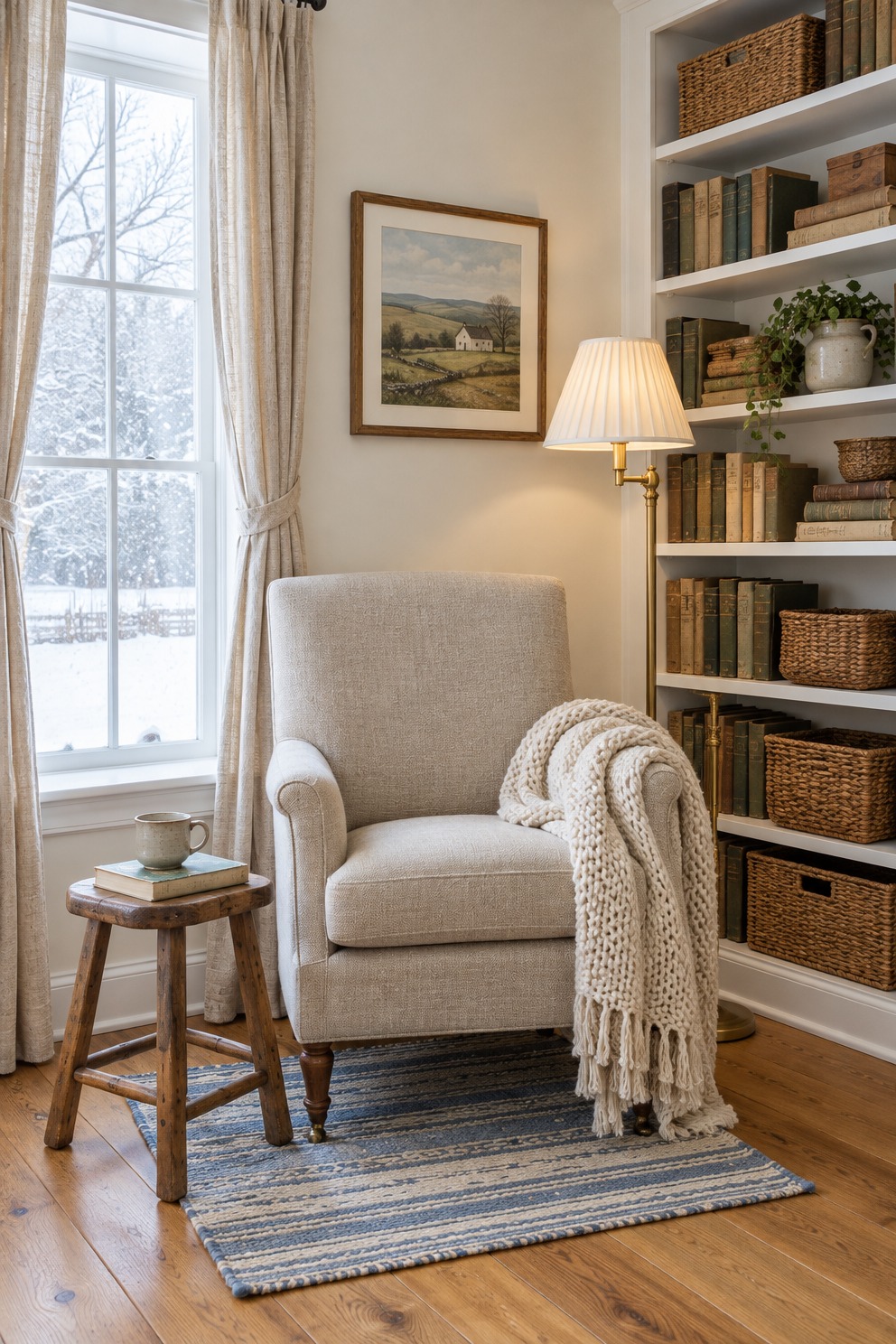 Hygge reading corner with a beige armchair, a chunky knit throw over the arm, a brass floor lamp on beside it and a wood stool holding a mug on a book, with snow outside the window