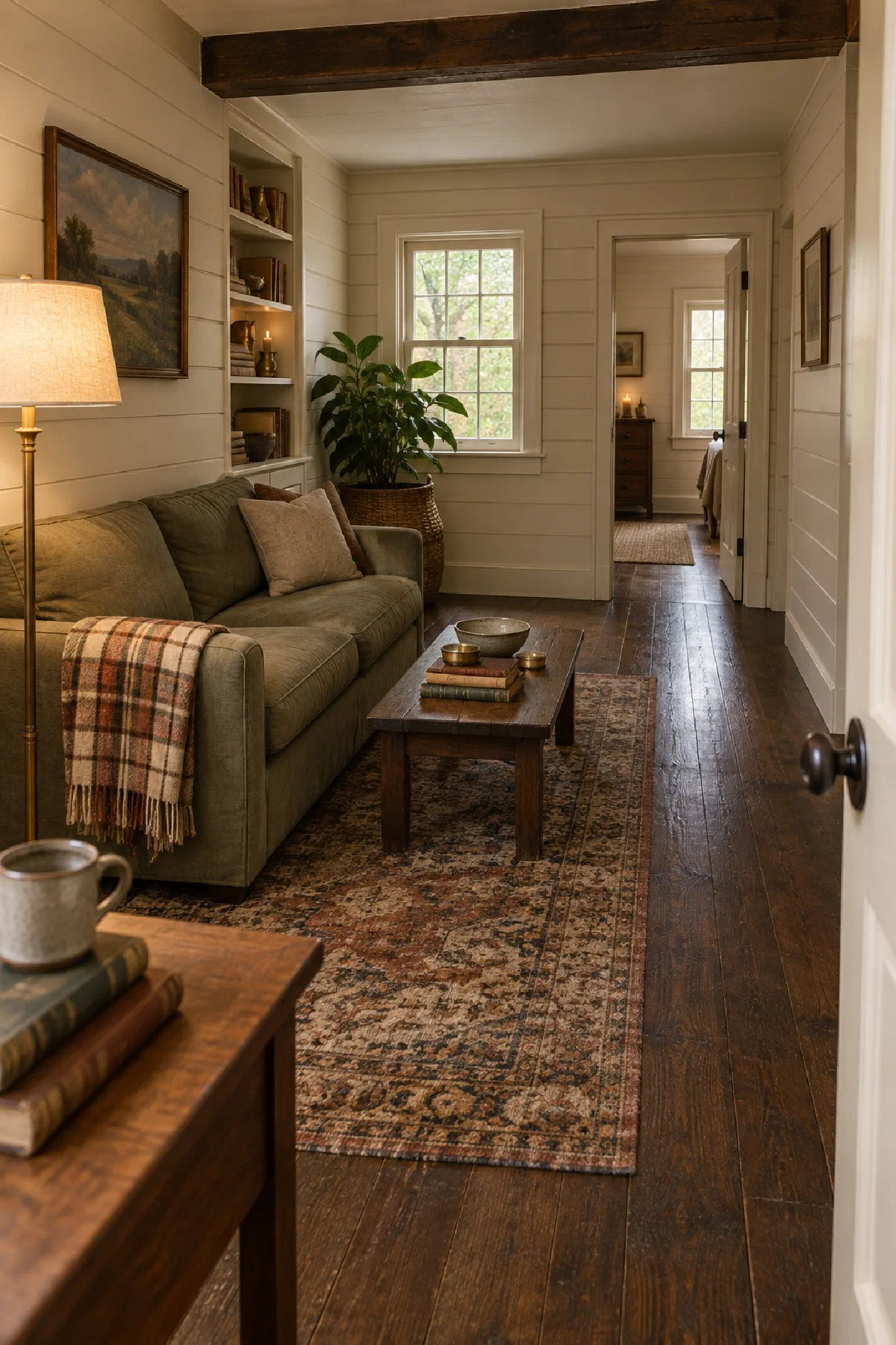 Narrow living room with an olive sofa and floor lamp on one wall, a low coffee table on a rug, and an open route to the bedroom door
