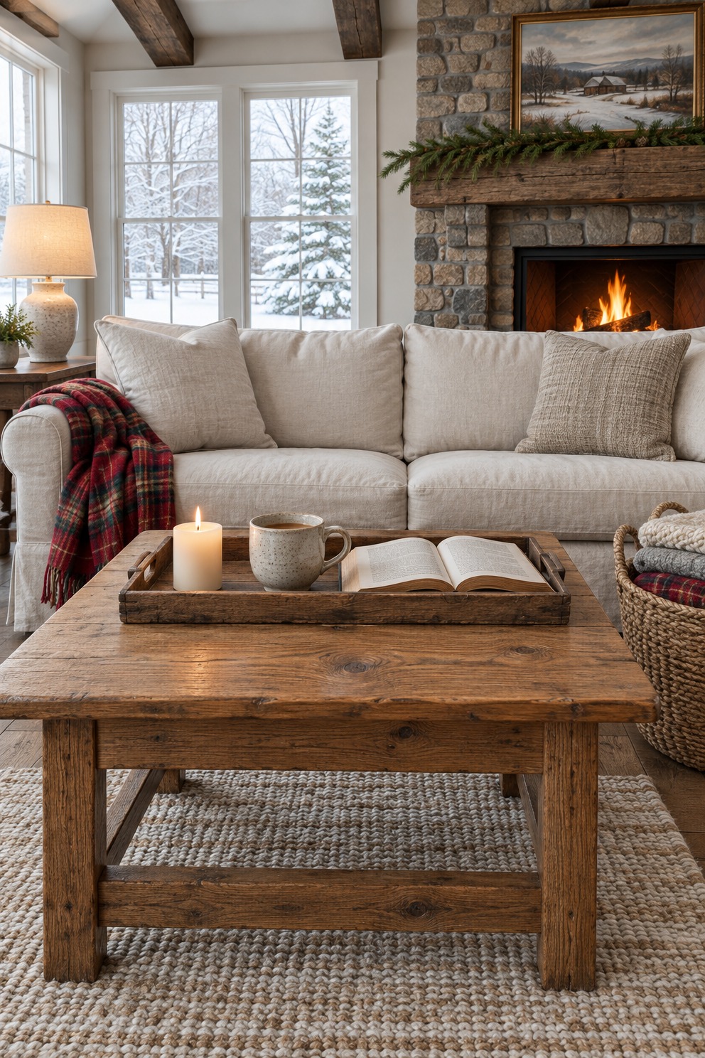 Wood coffee table cleared down to one tray holding a lit candle, a mug and an open book, in front of a cream sofa with a plaid throw and a fire burning behind