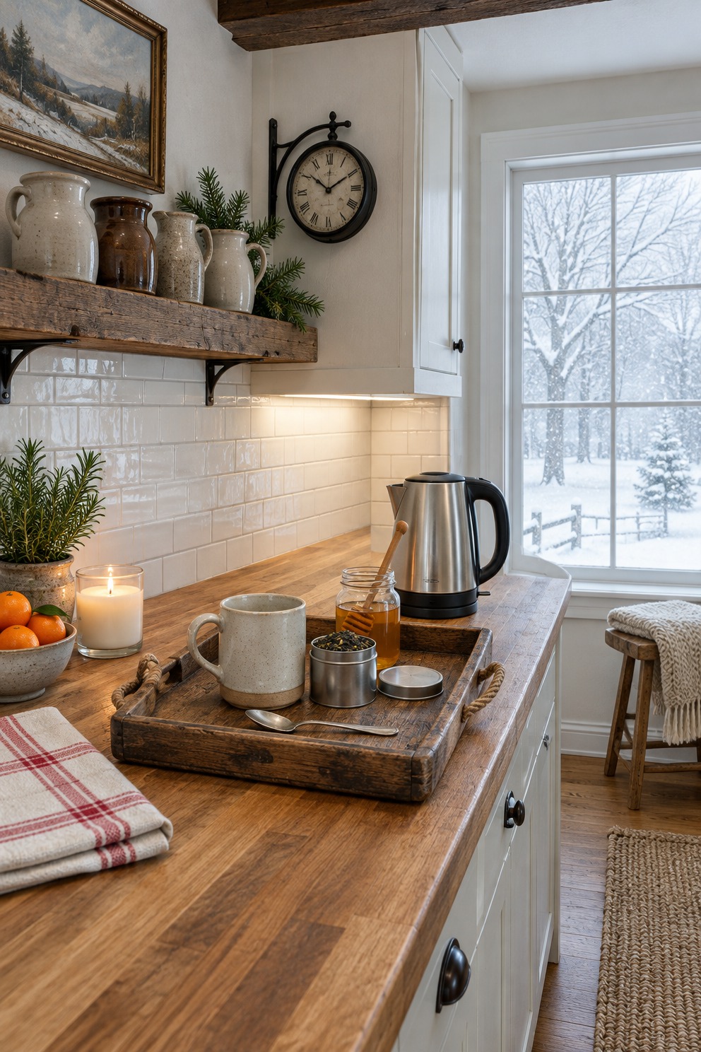 Wood tray on a kitchen counter with a stoneware mug, a tin of loose tea, a honey jar and a spoon, beside an electric kettle, with snow falling outside the window