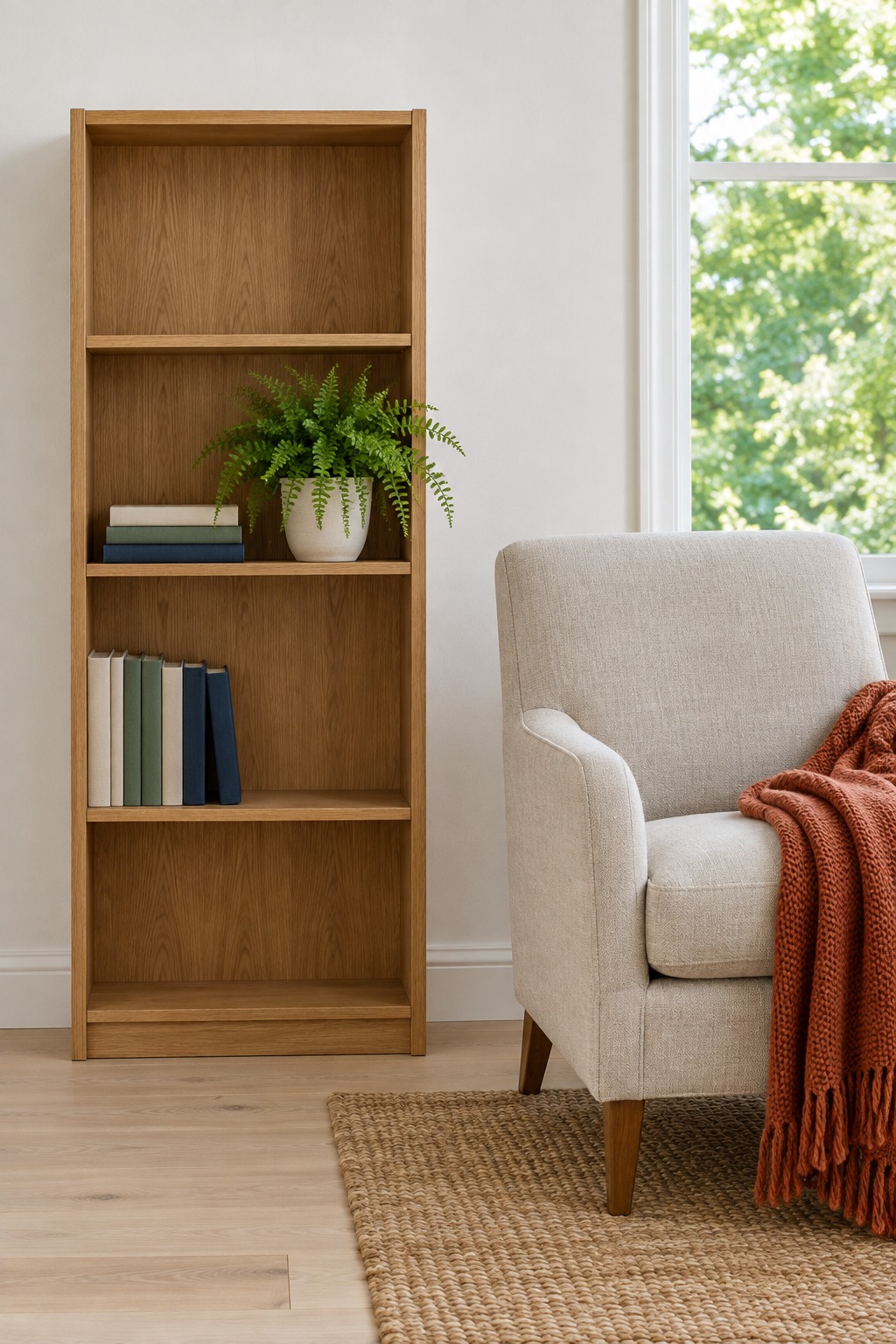 Narrow oak bookcase with a short row of books, one small stack and an empty top shelf