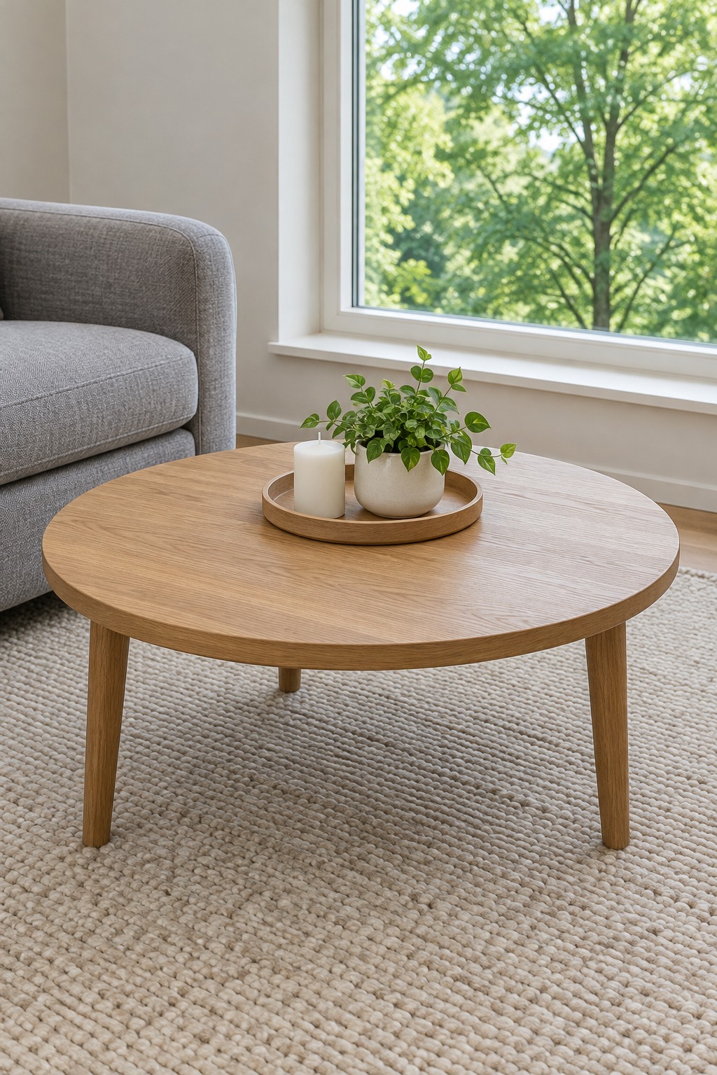 Round oak coffee table with a tray holding one white candle and a small plant and nothing else