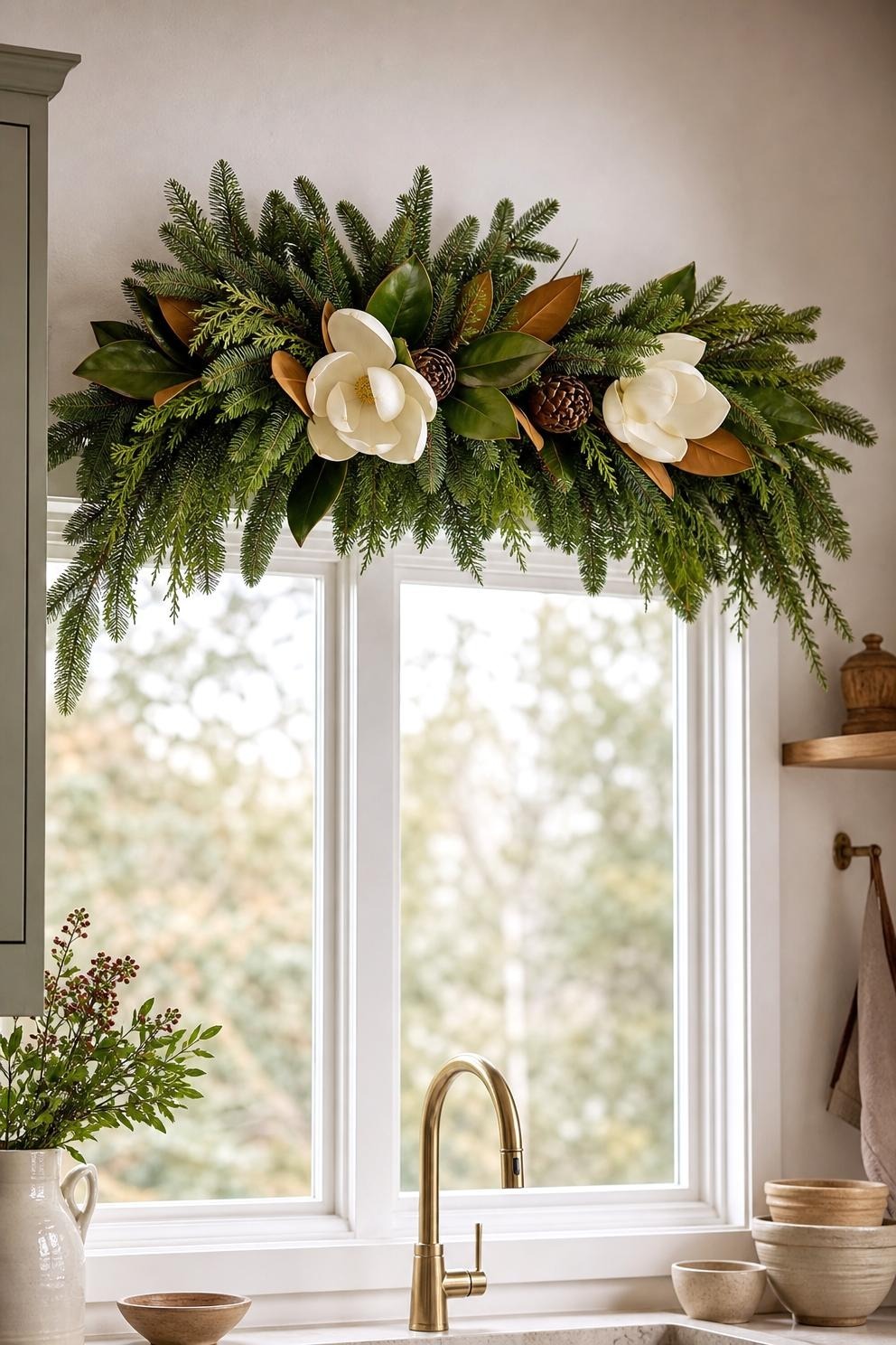 Small magnolia and fir swag above a kitchen window with hidden water tubes behind the stems