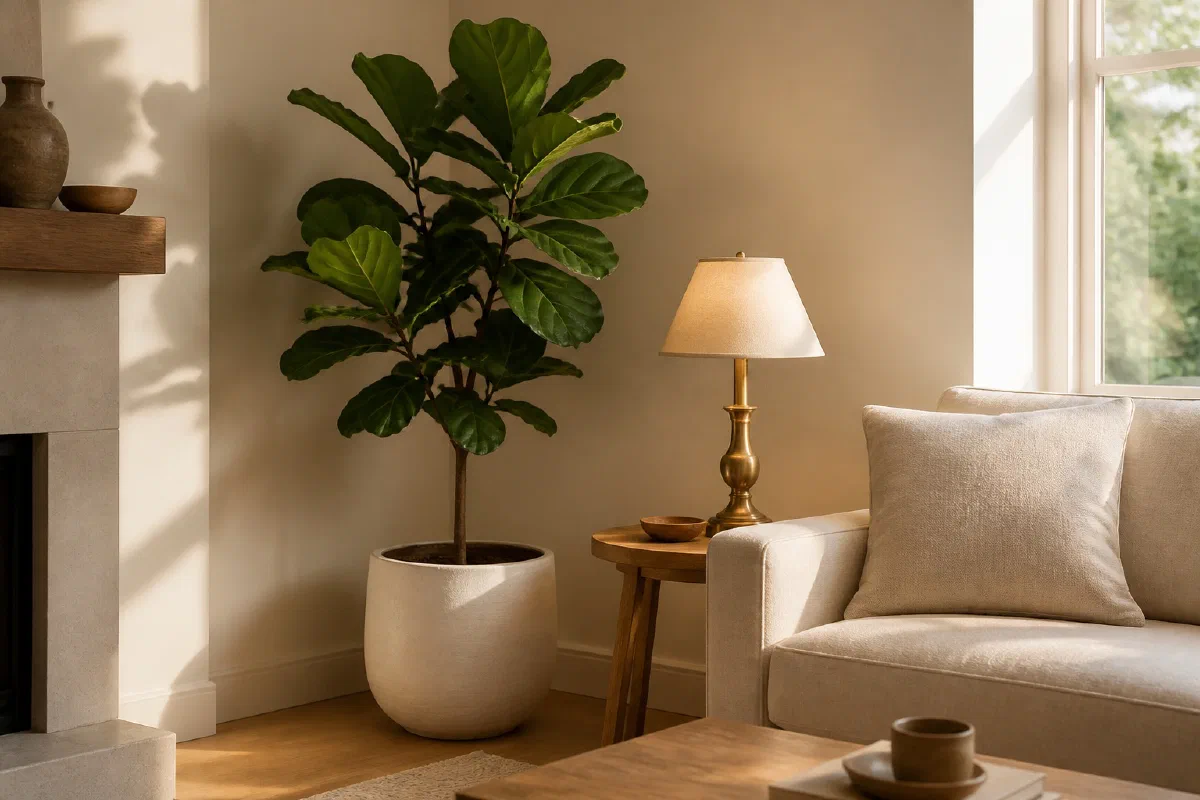 Small neutral living room with a snake plant beside the window and a tall dracaena beside the sofa