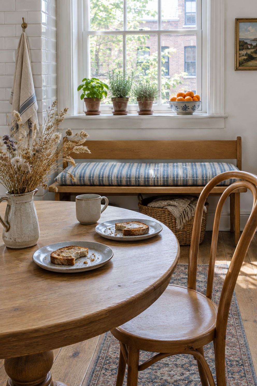 Slim oak bench with a striped cushion under a kitchen window with herb pots, in front of a round pedestal table and a bentwood chair