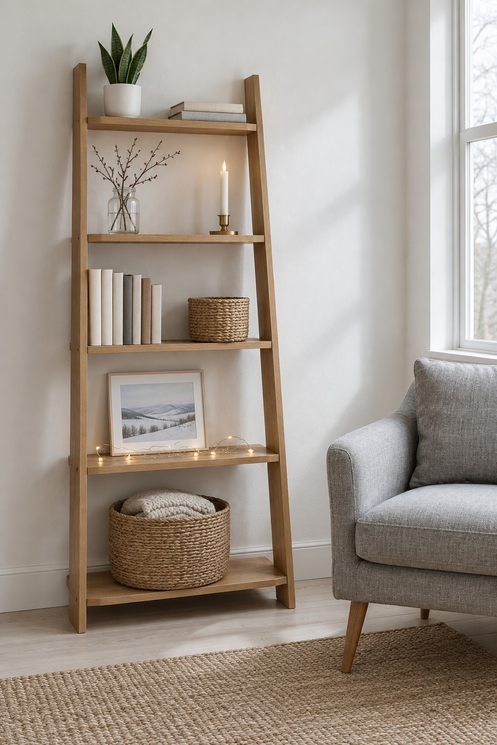 Oak ladder shelf in a rental living room corner with a snake plant, bare twigs in a jar, one lit candle, books, a seagrass basket, a framed snow print with fairy lights and a basket of knit throw
