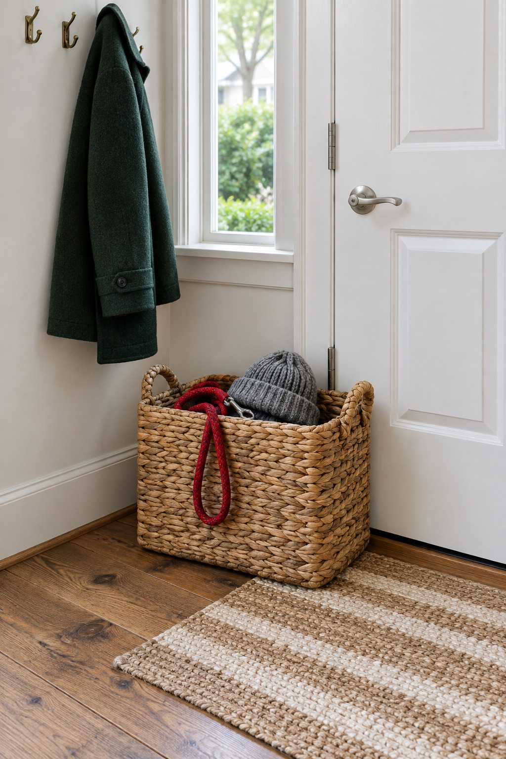 Woven water hyacinth basket with a red dog leash and gray knit hat inside, beside a white front door with a green wool coat on a wall hook