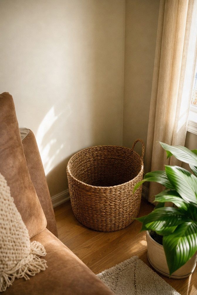 Woven basket beside a sofa and a leafy plant near a bright living room window