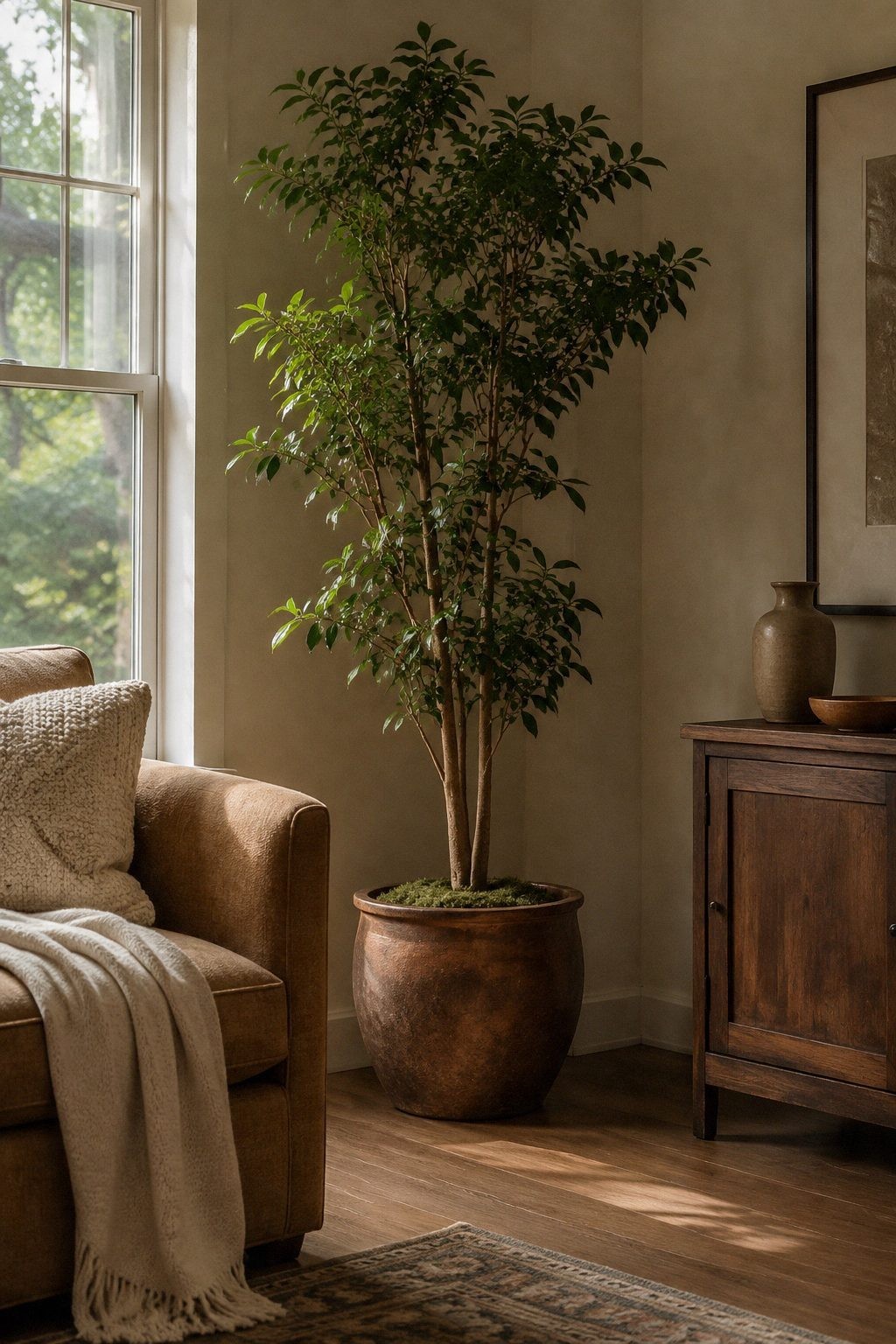Tall leafy indoor tree in a ceramic pot between a living room window and a wood cabinet