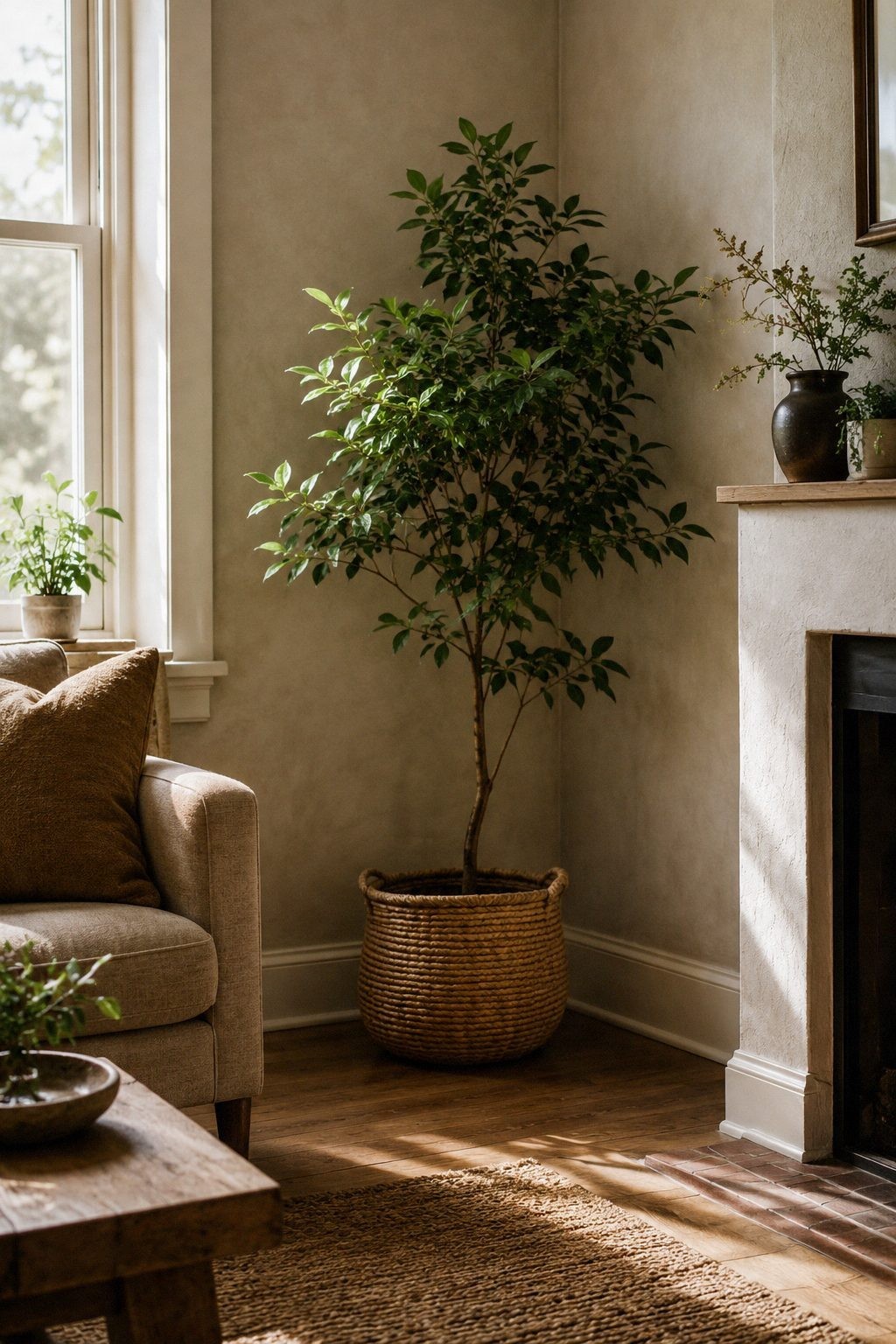 Lush indoor tree in a woven basket in a living room corner beside an armchair and fireplace