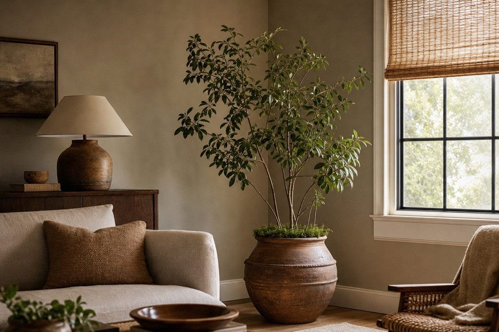 Living room corner with a floor plant, a woven basket, and a clear walking path